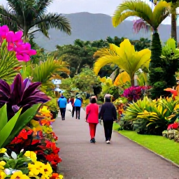 Caribbean Holidays, Montserrat Nature Holidays, Tropical botanical garden in Montserrat with colourful flowers, palms and visitors enjoying a peaceful path