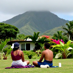 Caribbean Holidays, Montserrat Nature Holidays, Visitors enjoying a relaxed outdoor nature experience in Montserrat, with green hills, tropical plants and a warm Caribbean atmosphere