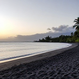 Caribbean Holidays, Montserrat October Holidays, A peaceful Montserrat beach at sunset with dark volcanic sand, calm Caribbean water and a small number of visitors