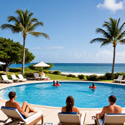 Caribbean Holidays, Montserrat October Holidays, Guests relaxing beside a Caribbean resort pool on Montserrat, with palm trees, sun loungers and a view towards the sea