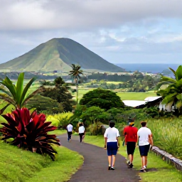 Caribbean Holidays, Montserrat October Holidays, Visitors walking through Montserrat's lush countryside near volcanic hills, with tropical plants and a distant Caribbean view