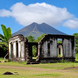 Caribbean Holidays, Montserrat October Tours, A guided tour beside the abandoned remains of Plymouth on Montserrat, showing volcanic ruins, tropical vegetation and distant Soufriere Hills