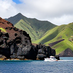 Caribbean Holidays, Montserrat October Tours, A small boat travelling along Montserrat's rugged coastline in October, with dark volcanic cliffs, turquoise water and green hills