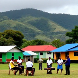 Caribbean Holidays, Montserrat October Tours, Visitors enjoying a friendly local food and music experience in a Montserrat village, with Caribbean dishes, colourful surroundings and island hills