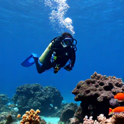 Caribbean Holidays, Montserrat Scuba Diving, A diver exploring a clear Caribbean reef beside colourful fish and volcanic underwater rock formations off Montserrat