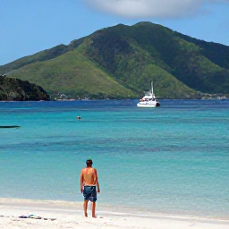 Caribbean Holidays, Montserrat Scuba Diving, A relaxed Caribbean bay on Montserrat with a snorkeller near shore, green hills, bright water and a small dive boat offshore