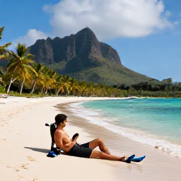 Caribbean Holidays, Montserrat Scuba Diving, A relaxed diver on a Montserrat beach after a morning dive, with calm turquoise water, palm trees and green volcanic hills