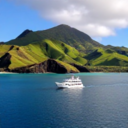 Caribbean Holidays, Montserrat Scuba Diving, A small dive boat approaching a quiet Montserrat bay on a sunny morning, with green hills and volcanic cliffs in the background
