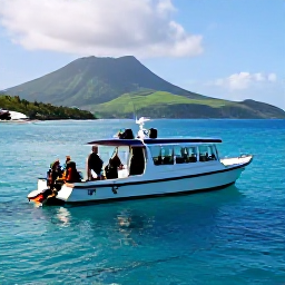 Caribbean Holidays, Montserrat Scuba Diving, A small dive boat leaving Montserrat's quiet harbour in July, with green volcanic hills, blue sea and divers preparing their equipment