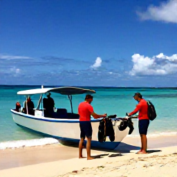 Caribbean Holidays, Montserrat Scuba Diving, Friendly dive guides helping visitors check scuba equipment beside a small boat on a sunny Montserrat beach