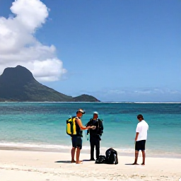 Caribbean Holidays, Montserrat Scuba Diving, Friendly dive instructor preparing equipment with visitors beside a calm Caribbean beach in Montserrat