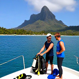 Caribbean Holidays, Montserrat Scuba Diving, Friendly local dive guide preparing scuba equipment beside a small boat in a sheltered Montserrat bay