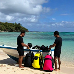 Caribbean Holidays, Montserrat Scuba Diving, Friendly Montserrat dive instructors preparing colourful scuba equipment beside a small boat on a tropical harbour shore