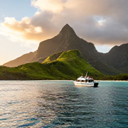 Caribbean Holidays, Montserrat Scuba Diving, Peaceful Montserrat coastline at sunset with a small dive boat offshore and green volcanic hills behind