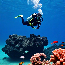 Caribbean Holidays, Montserrat Scuba Diving, Scuba diver swimming above volcanic rock formations and colourful reef fish in calm Montserrat waters