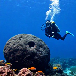 Caribbean Holidays, Montserrat Scuba Diving, Scuba diver swimming beside a submerged volcanic boulder and reef fish in the clear blue waters of Montserrat