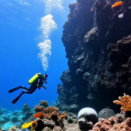 Caribbean Holidays, Montserrat Scuba Diving, Scuba divers descending beside a dramatic volcanic underwater wall off Montserrat in bright tropical water