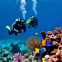 Caribbean Holidays, Montserrat Scuba Diving, Scuba divers swimming over a vibrant Montserrat reef with parrotfish, angelfish, sea fans and clear blue Caribbean water