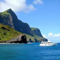 Caribbean Holidays, Montserrat Scuba Diving, Small dive boat approaching the rugged Montserrat coastline with tropical hills and blue Caribbean water under a sunny sky