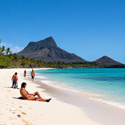 Caribbean Holidays, Montserrat Scuba Diving, Travellers relaxing at a quiet Montserrat beach after scuba diving, with volcanic hills, palm trees and calm Caribbean water