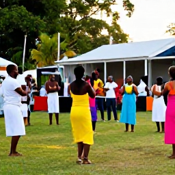 Caribbean Holidays, Montserrat September, Colourful cultural festival scene in Montserrat with local musicians, dancers and island families, warm Caribbean light