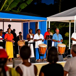 Caribbean Holidays, Montserrat September, Happy travellers watching a live local music performance in Montserrat, with musicians, drums and a relaxed evening crowd