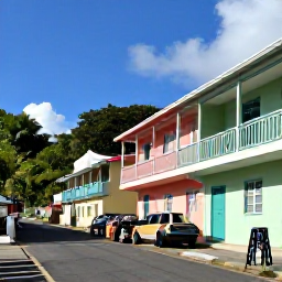 Caribbean Holidays, Montserrat September, Montserrat village street with local craft stalls, colourful buildings and friendly residents on a sunny Caribbean day