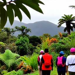 Caribbean Holidays, Montserrat September Tours, A small group hiking through lush Montserrat rainforest with tropical plants, ferns and distant mountain views