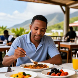 Caribbean Holidays, Montserrat Solo Holidays, A friendly local restaurant in Montserrat where a solo traveller enjoys fresh Caribbean food at an outdoor table