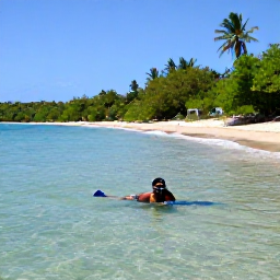 Caribbean Holidays, Montserrat Solo Holidays, A peaceful Montserrat coastline with a solo traveller snorkelling in clear water near a quiet beach, tropical vegetation and gentle waves