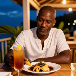 Caribbean Holidays, Montserrat Solo Holidays, A solo traveller enjoying fresh local food and a rum punch at a relaxed Montserrat restaurant in the evening, with warm Caribbean lighting