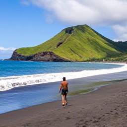 Caribbean Holidays, Montserrat Solo Holidays, A solo traveller exploring a quiet black-sand beach on Montserrat, with green volcanic hills and the Caribbean Sea in the background