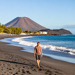 Caribbean Holidays, Montserrat Solo Holidays, A solo traveller walking along a quiet black-sand beach on Montserrat in warm January sunshine, with volcanic hills and turquoise sea in the background