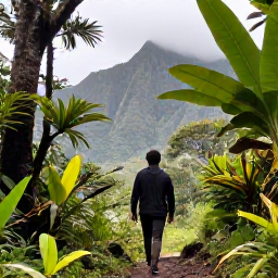Caribbean Holidays, Montserrat Solo Holidays, A solo visitor walking through lush Montserrat woodland with tropical plants, mountain scenery and a local guide