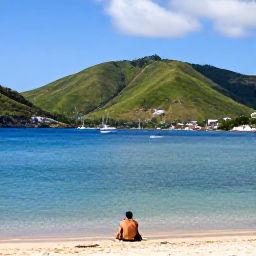 Caribbean Holidays, Montserrat Solo Holidays, A sunny view of Montserrat harbour and green hills, with a small boat and a relaxed solo holiday atmosphere
