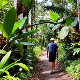 Caribbean Holidays, Montserrat Tours, A friendly local guide leading travellers through a lush Montserrat forest, with tropical plants and a clear walking trail
