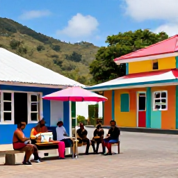 Caribbean Holidays, Montserrat Tours, A friendly Montserrat village scene with local food, colourful buildings, musicians and visitors enjoying a relaxed December atmosphere