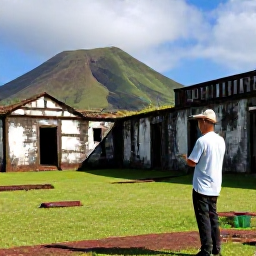 Caribbean Holidays, Montserrat Tours, A knowledgeable local guide leading visitors through the abandoned remains of Plymouth, Montserrat, with volcanic hills in the background