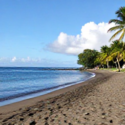 Caribbean Holidays, Montserrat Tours, A peaceful Montserrat beach with calm turquoise water, dark sand, palm trees and visitors relaxing in the December sunshine
