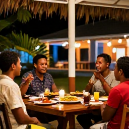 Caribbean Holidays, Montserrat Tours, A relaxed evening in Montserrat with local food, live music and visitors chatting at a welcoming Caribbean gathering