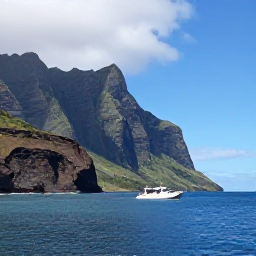 Caribbean Holidays, Montserrat Tours, A small boat cruising along Montserrat&rsquo;s green coastline on a sunny March day, with clear blue water and dramatic volcanic cliffs