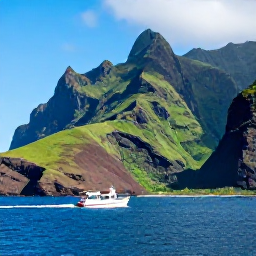 Caribbean Holidays, Montserrat Tours, A small boat cruising along Montserrat&rsquo;s green volcanic coastline with clear blue water and sea cliffs