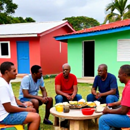 Caribbean Holidays, Montserrat Tours, A small group sharing local food and music with Montserrat residents in a colourful Caribbean village setting