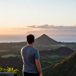 Caribbean Holidays, Montserrat Tours, A traveller enjoying a scenic sunset viewpoint over Montserrat&rsquo;s volcanic hills and Caribbean coastline