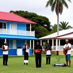 Caribbean Holidays, Montserrat Tours, Friendly local musicians performing at a relaxed Montserrat cultural event with colourful Caribbean surroundings