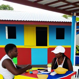 Caribbean Holidays, Montserrat Tours, Friendly visitors sampling local Montserrat food and drinks at a colourful village restaurant