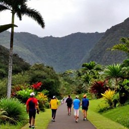 Caribbean Holidays, Montserrat Tours, Guided walking tour through lush Montserrat rainforest with tropical plants, volcanic slopes and a small group of visitors