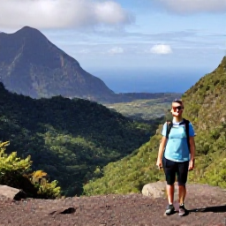 Caribbean Holidays, Montserrat Tours July, A knowledgeable local guide leading visitors through the volcanic landscape of Montserrat, with forested slopes and the sea in the distance