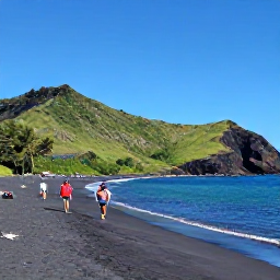 Caribbean Holidays, Montserrat Tours July, Visitors walking along a quiet Montserrat beach with black volcanic sand, turquoise water and green hills behind them