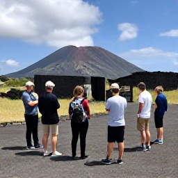 Caribbean Holidays, Montserrat Tours, Local guide leading visitors through the abandoned Plymouth exclusion zone with volcanic landscape in the background